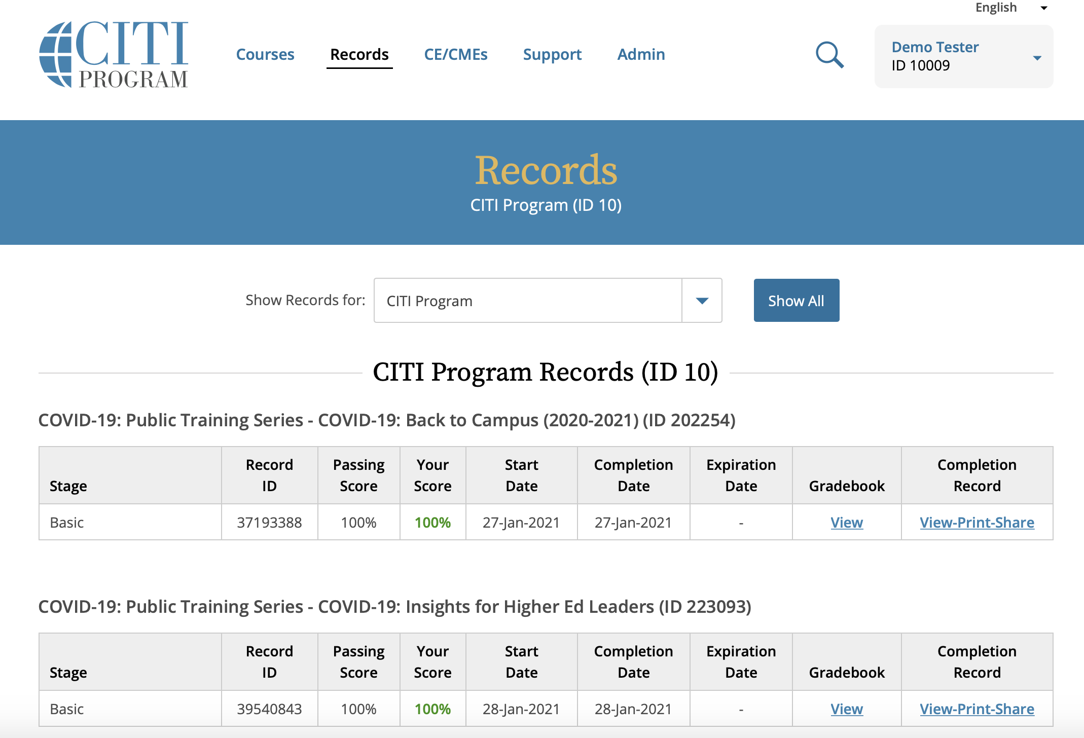 CITI Program Records page showing two completed COVID-19 courses, each with a 100% score and January 2021 completion dates, plus links to view gradebook and completion records.