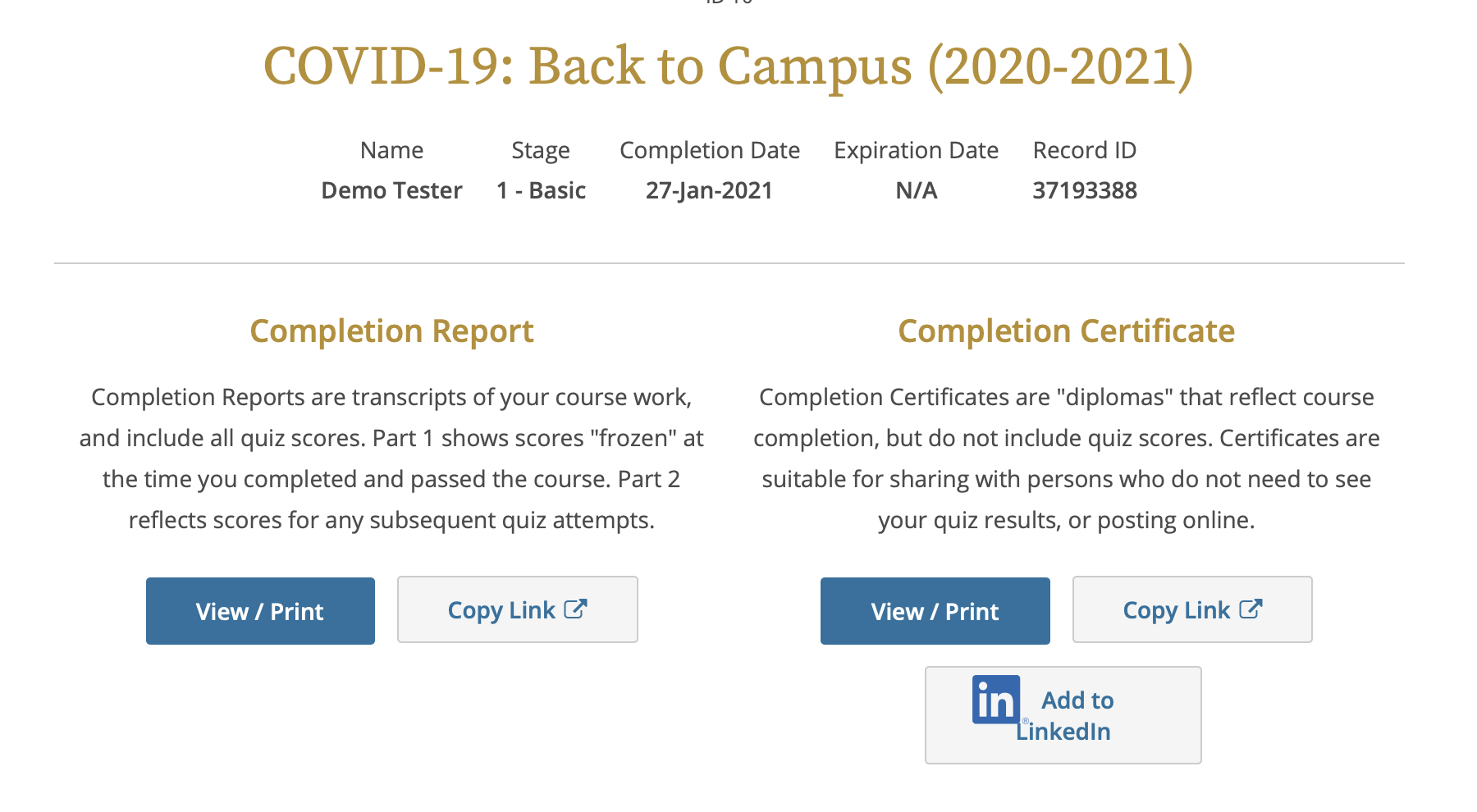 CITI Program page showing completion of “COVID-19: Back to Campus (2020–2021)” on January 27, 2021, with options to view/print report or certificate and add to LinkedIn.