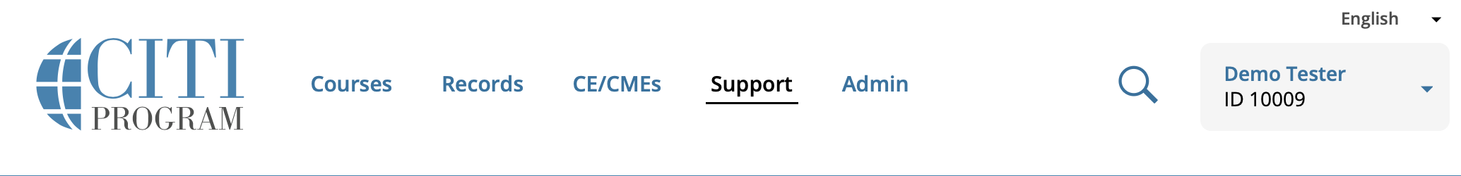 CITI Program dashboard header with Support selected and navigation links for Courses, Records, CE/CMEs, and Admin.