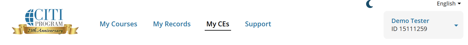 CITI Program dashboard header with My CEs selected and navigation links for My Courses, My Records, and Support.