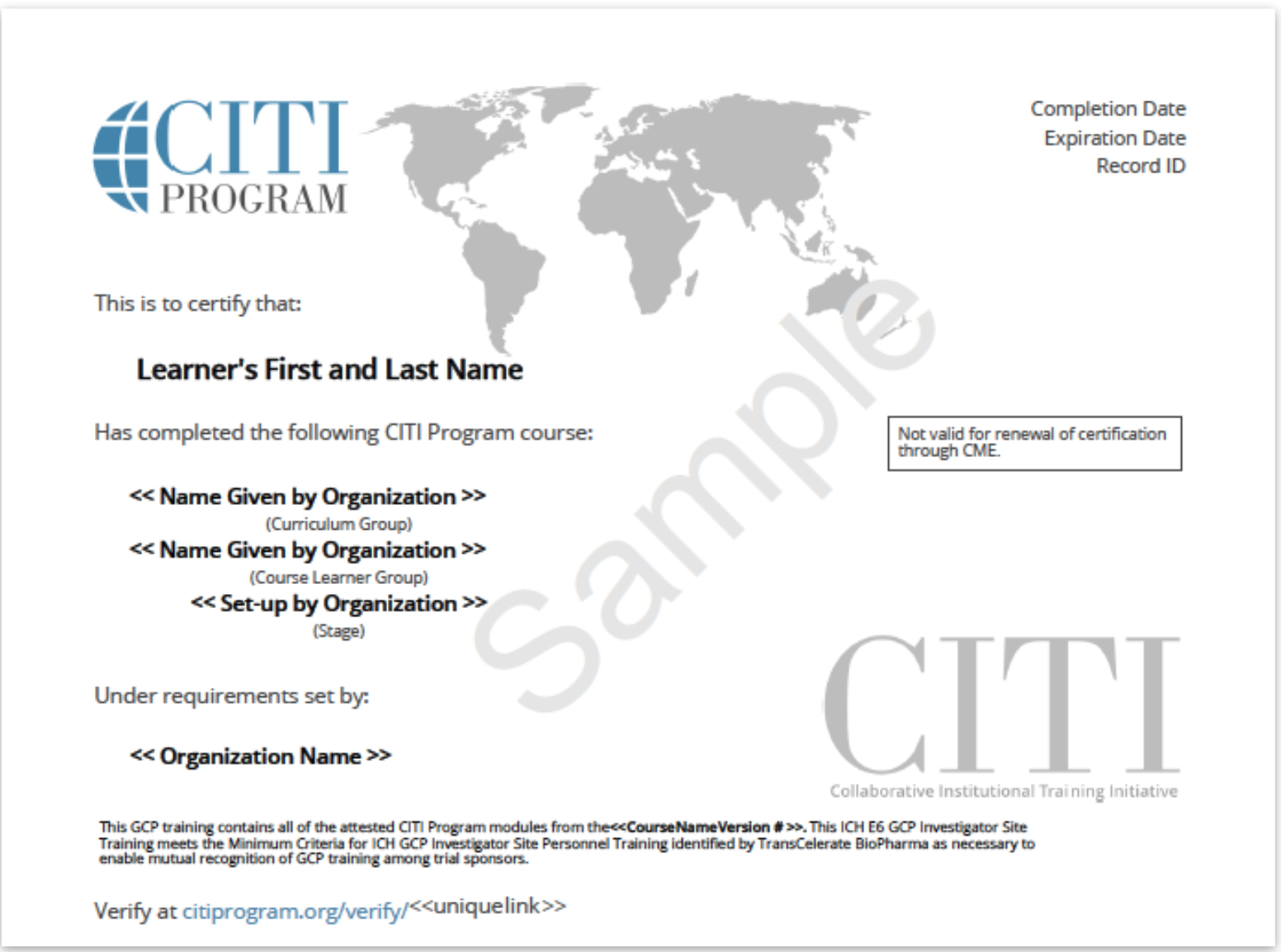 Sample CITI Program completion certificate