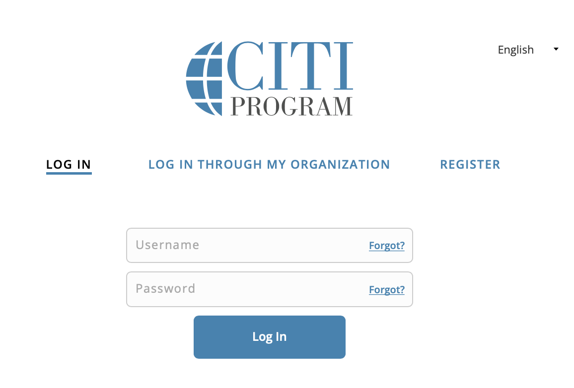 CITI Program login page with username and password fields