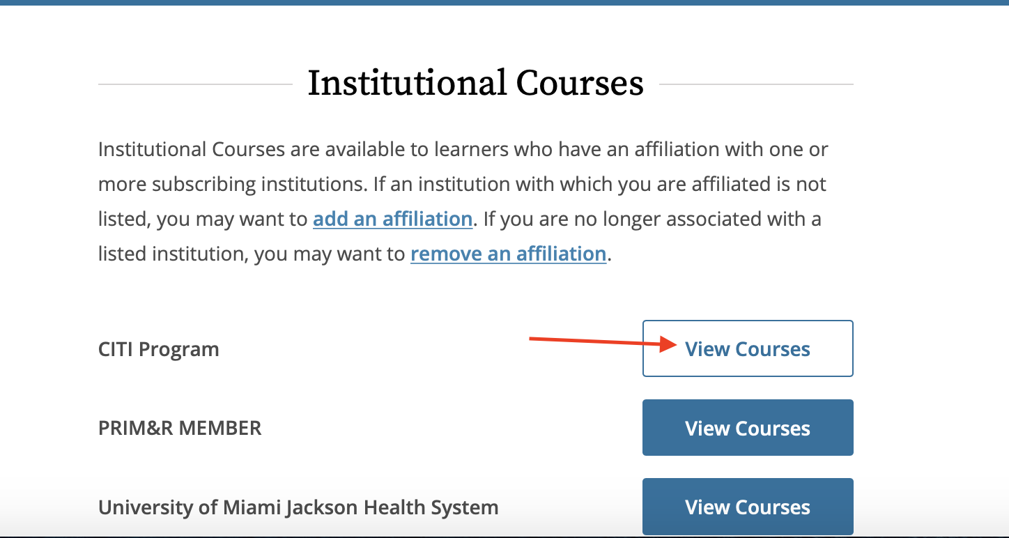 View Courses button next to an institutional affiliation
