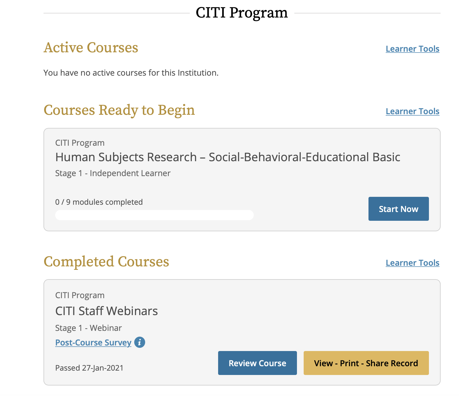 Course listing showing Active, Ready to Begin, and Completed course sections