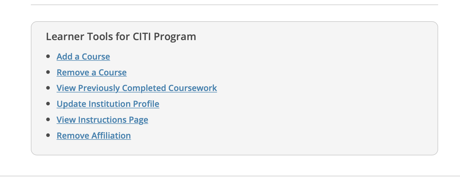 Learner Tools menu options available for an institutional affiliation