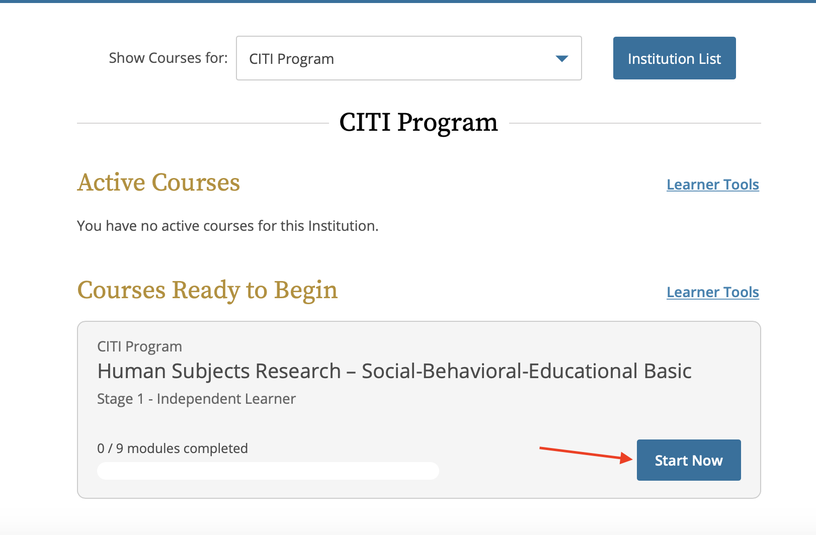 Start Now button for beginning a course