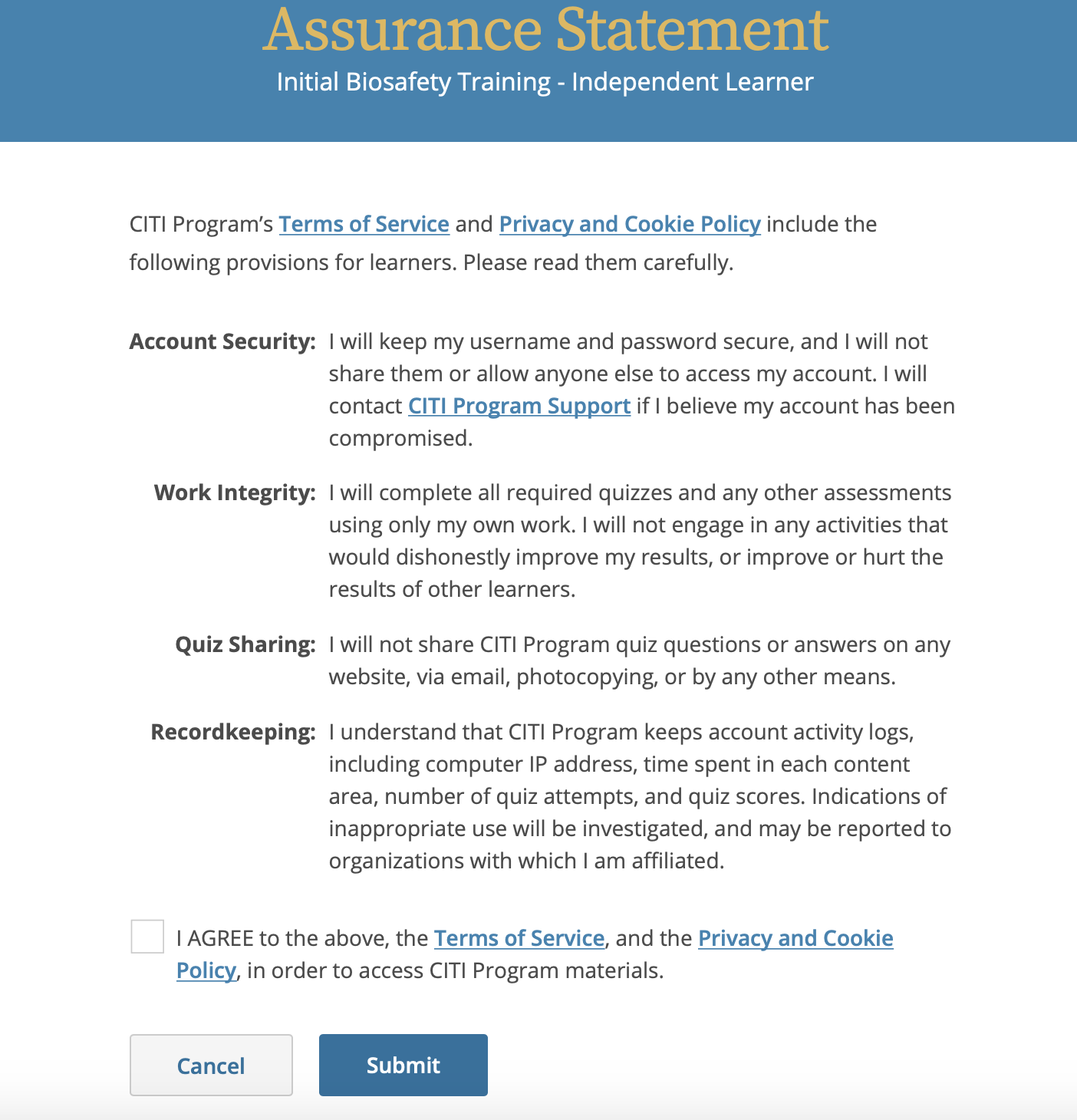Integrity Assurance Statement page requiring acceptance before starting modules