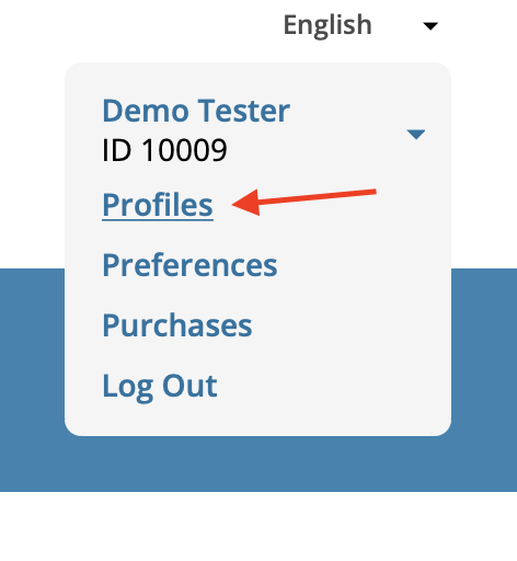 User profile dropdown showing the Profiles option