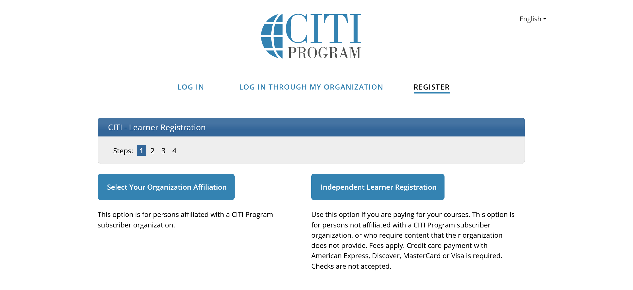Registration options page showing Organization Affiliation and Independent Learner Registration choices
