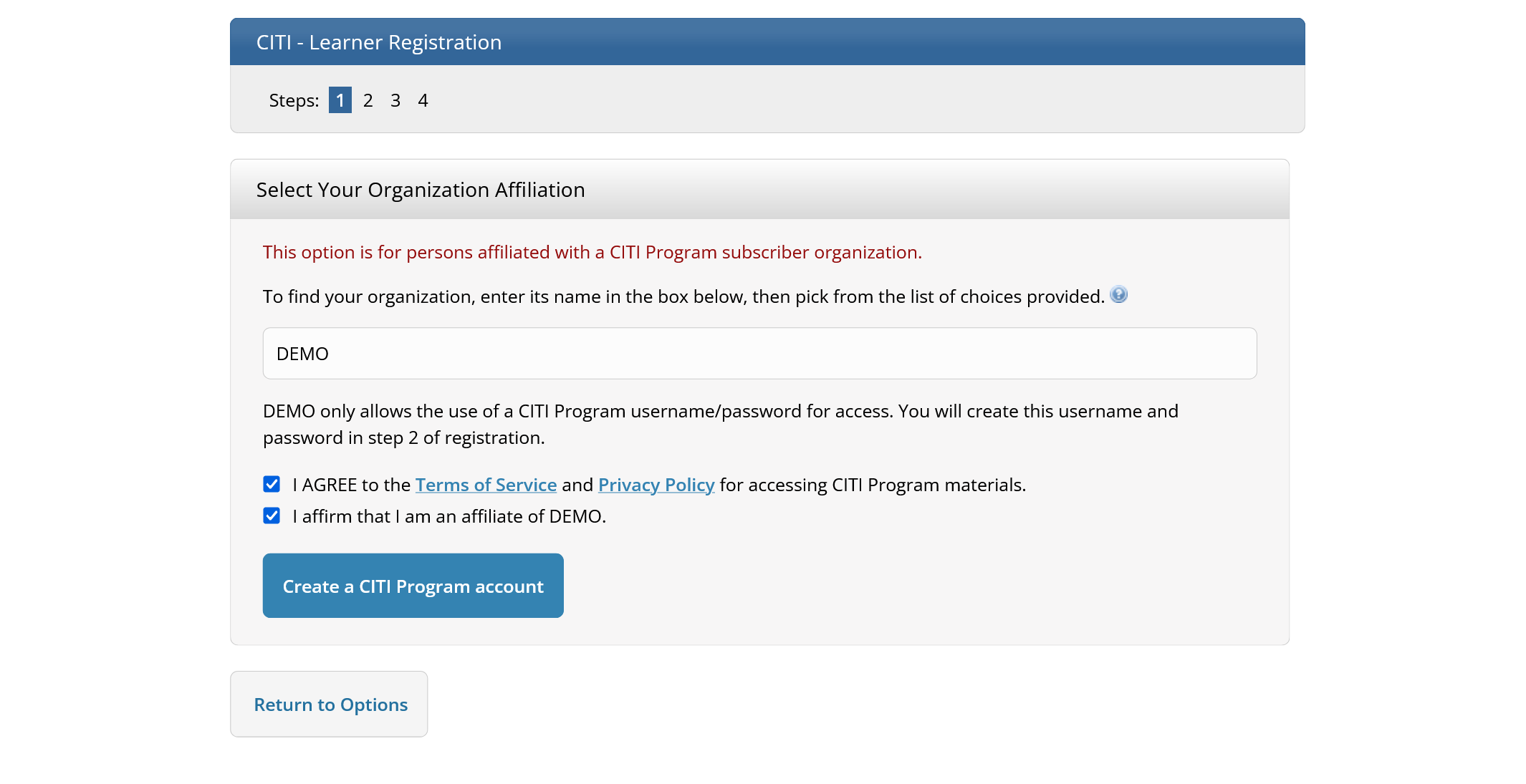 Organization selection screen prompting the learner to search for and select an organization and continue registration