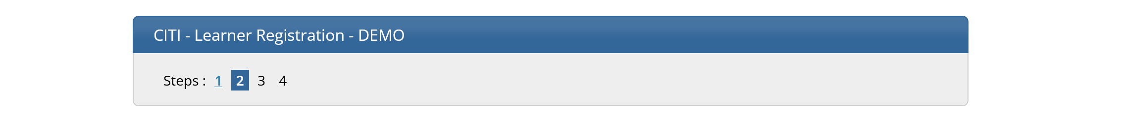 Registration steps screen showing progress through account setup (credentials, security question, and country of residence)