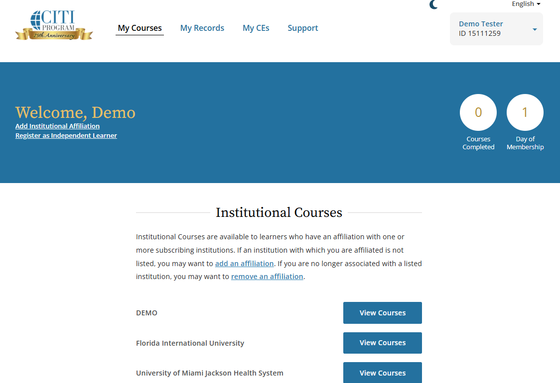 My Courses page showing options to add or manage institutional affiliations