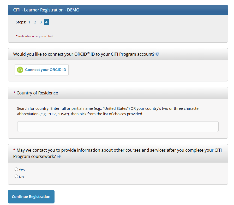 Continue Registration button screen leading to continuing education preferences, affiliation information, and course selection