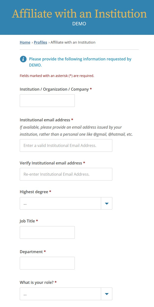 CITI Program ‘Affiliate with an Institution’ page displaying required fields for organization, institutional email address, and user information.