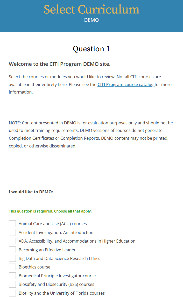 CITI Program ‘Select Curriculum’ page displaying Question 1 with a list of course options and checkboxes to select applicable courses.