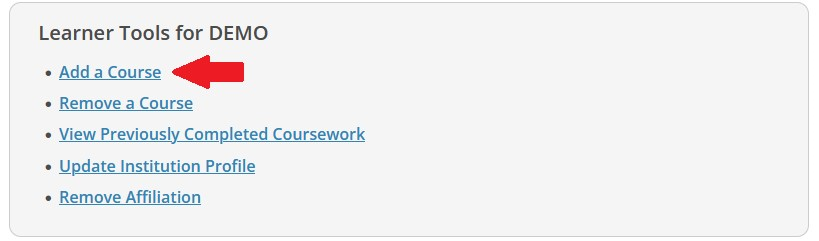 CITI Program ‘Learner Tools for DEMO’ section with a red arrow highlighting the ‘Add a Course’ link.
