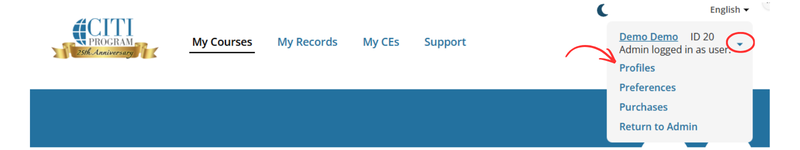 Screenshot of the CITI Program top navigation bar. The user dropdown menu is expanded, displaying options Profiles, Preferences, Purchases and Log Out. A red circle highlights the dropdown arrow next to the user name and red arrow points to profiles.