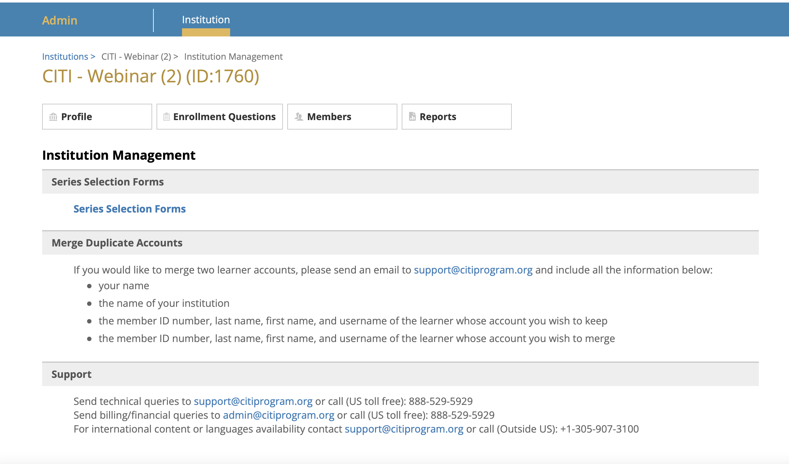 CITI Program administrator menu showing available options and navigation