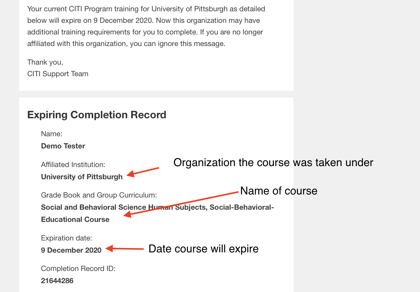 Example CITI Program reminder email showing course expiration notification and instructions to complete refresher training
