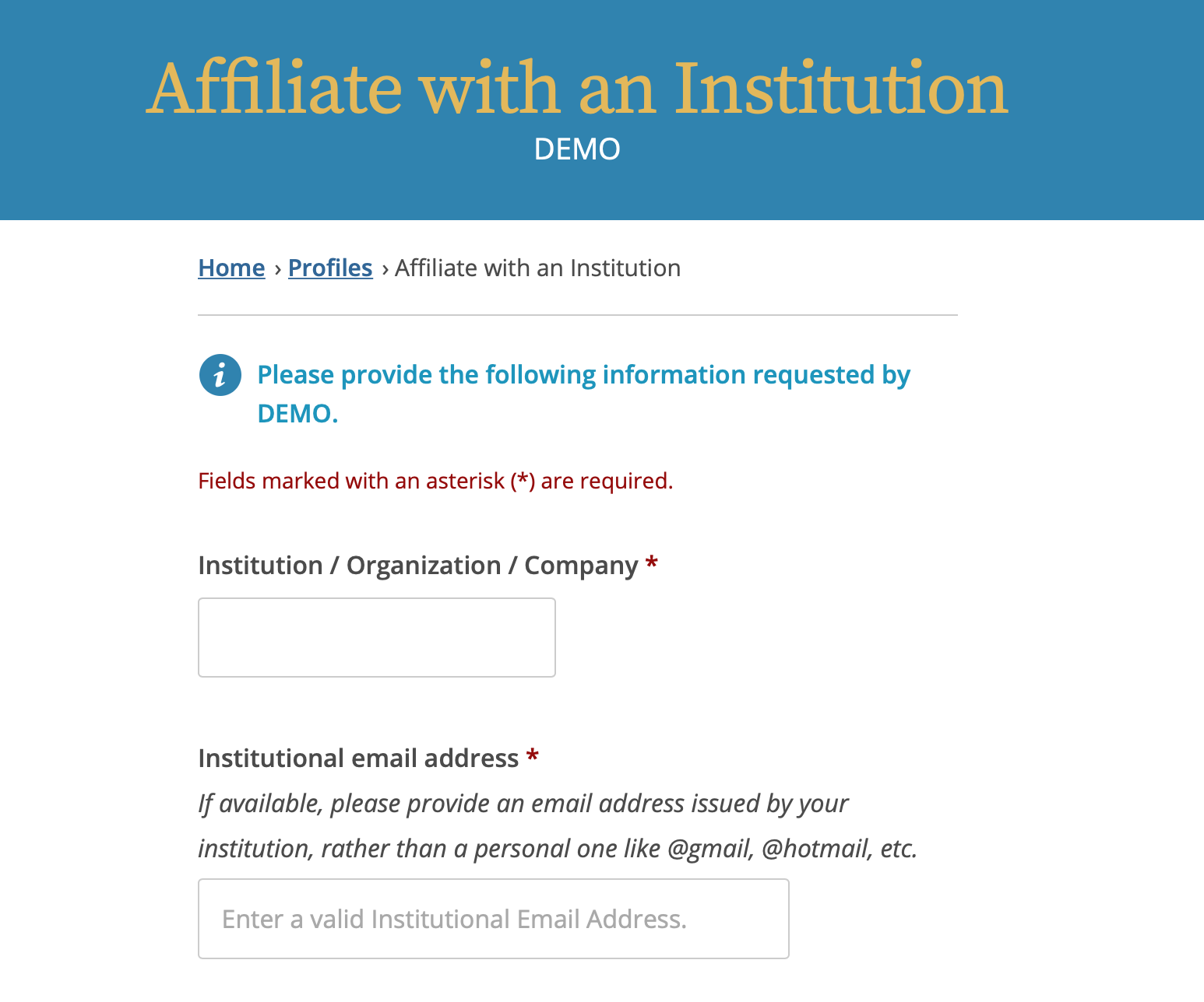 CITI Program ‘Affiliate with an Institution’ form displaying required fields such as organization name and institutional email address.