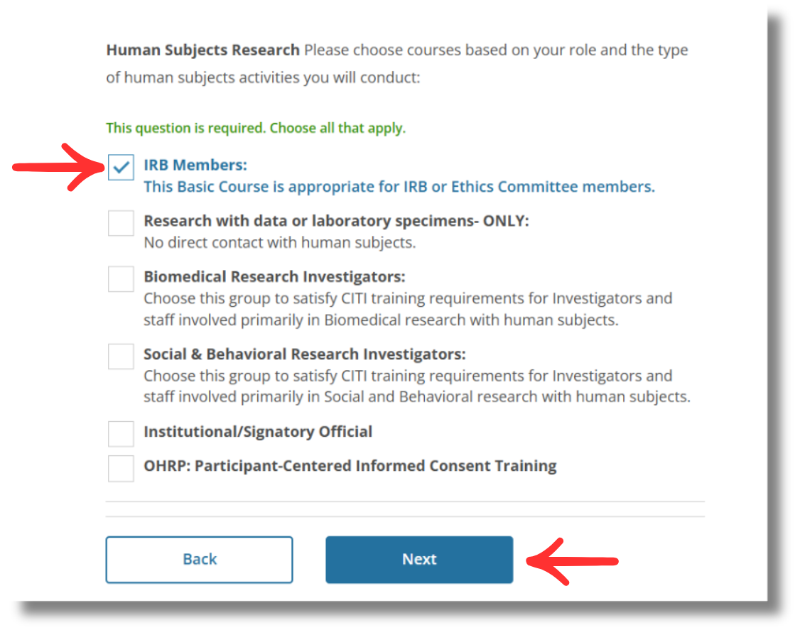 Human Subjects Research enrollment question displaying course group options including IRB Members and Biomedical Research Investigators.