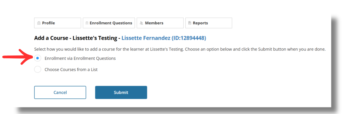 Add a Course page with Enrollment via Enrollment Questions selected and Submit button displayed.