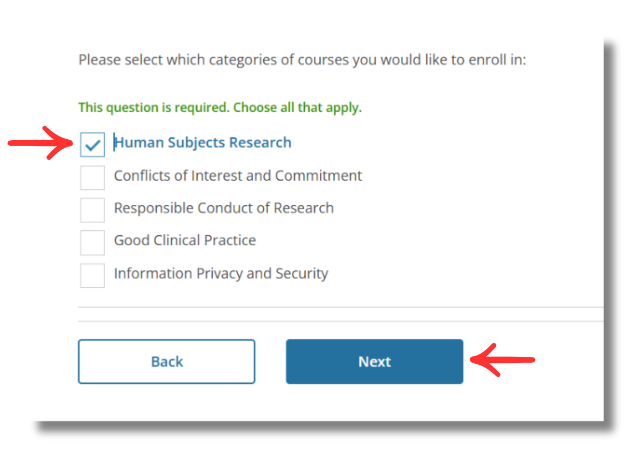 Enrollment question page displaying course category options such as Human Subjects Research, Responsible Conduct of Research, and Good Clinical Practice.