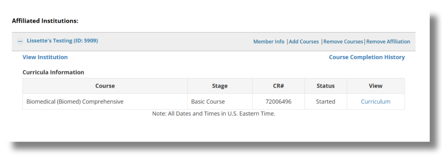 Curriculum Information table showing an assigned course with stage, completion record number, and status information.