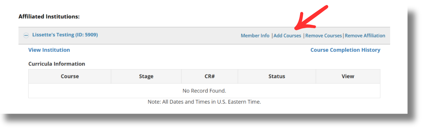 Member Information page showing the Add Courses link for a learner with no current course enrollments.