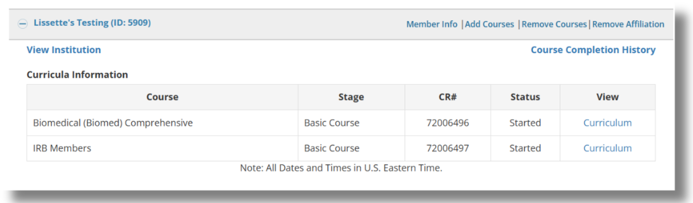 Curriculum Information section showing the newly assigned course in the learner's curriculum.