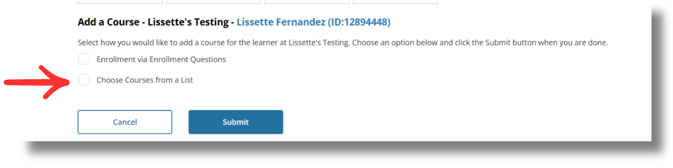 Add a Course page with Choose Courses from a List available as an enrollment option.