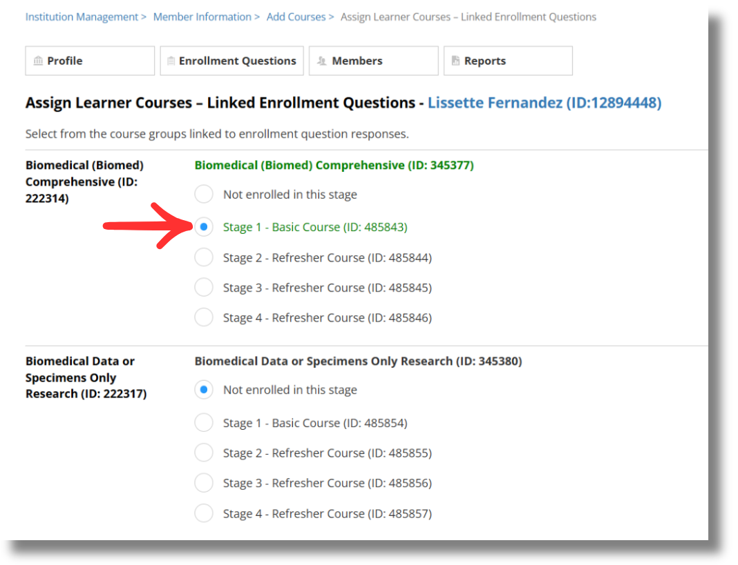 Assign Learner Courses page displaying available course groups and stage selections for direct enrollment.