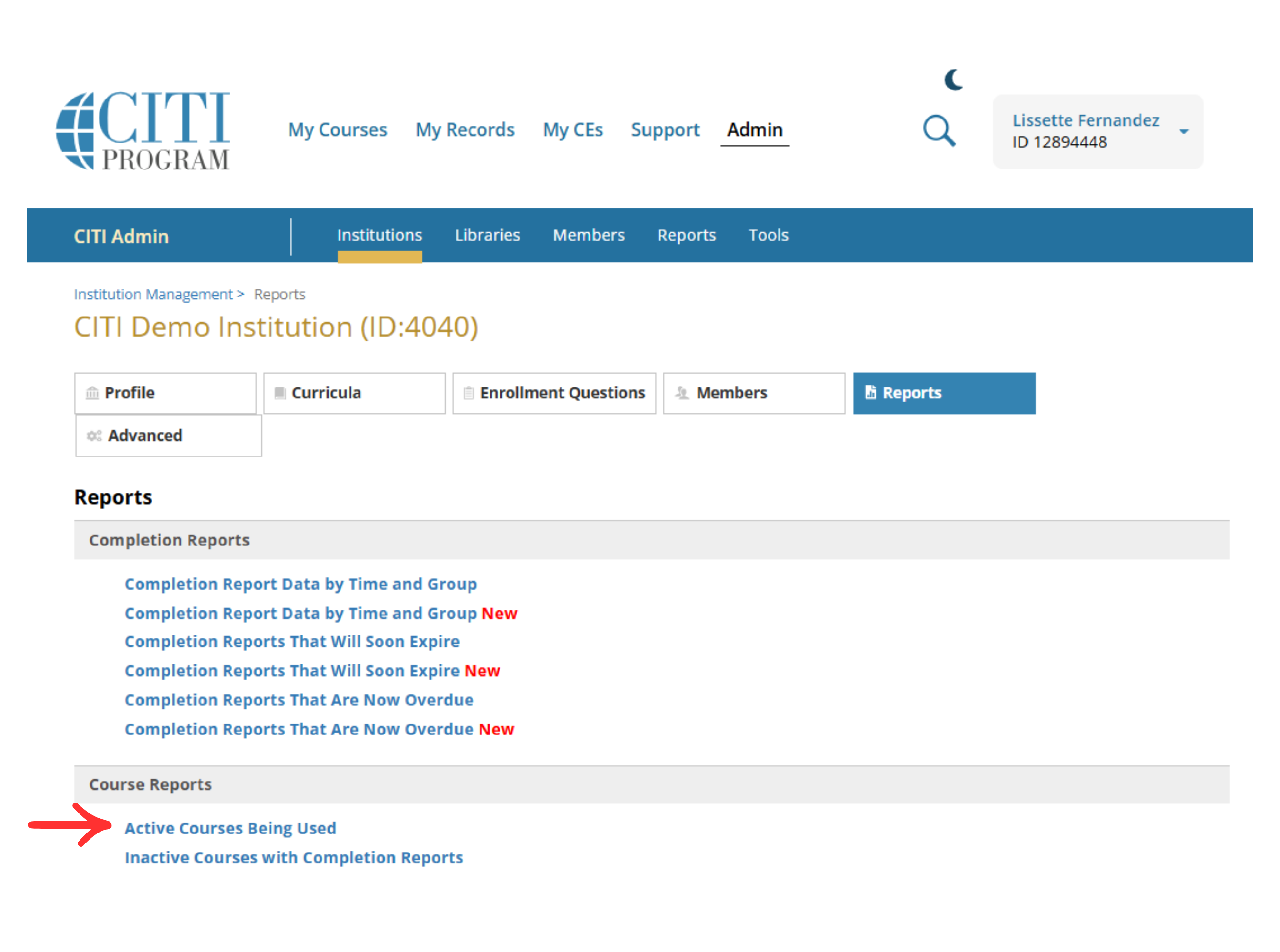 Reports page showing the Active Courses Being Used report link highlighted.