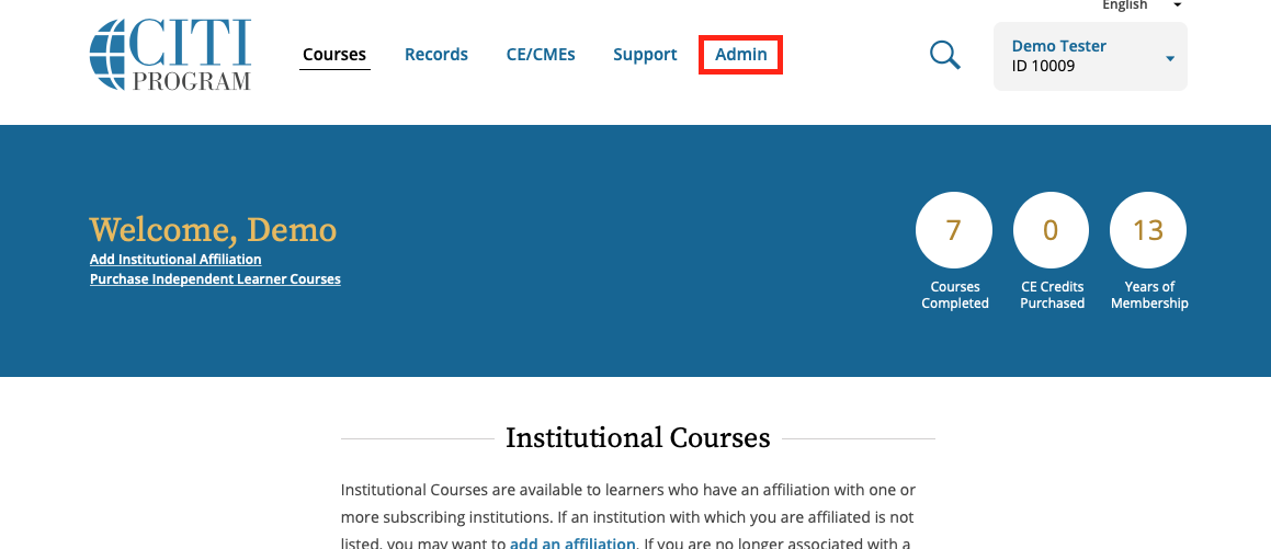 CITI Program learner home page with the Admin tab highlighted in the main navigation menu.