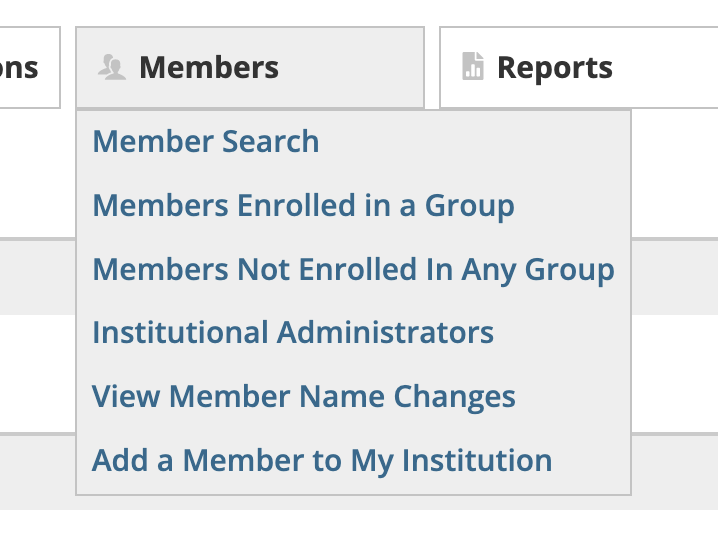 Members menu displaying options for member search, group enrollment, administrator access, and member management.