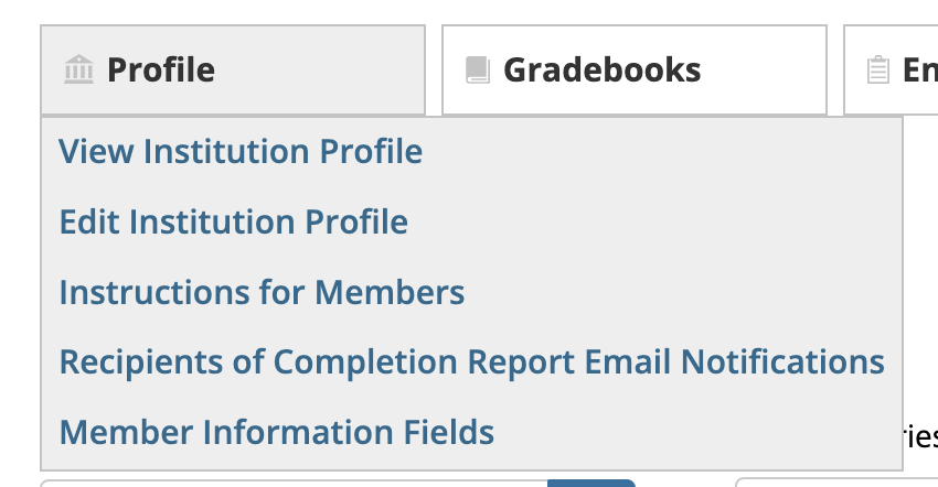 Profile menu displaying options to manage institution profile, member instructions, notification recipients, and member information fields.