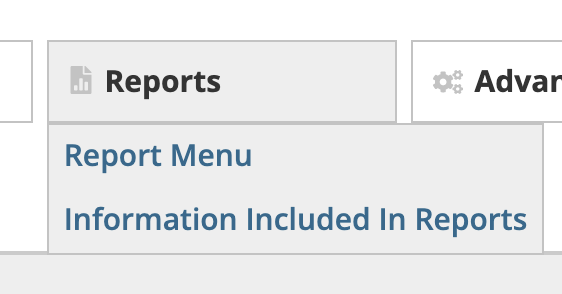 Reports tab menu showing the Report Menu and Information Included In Reports options.