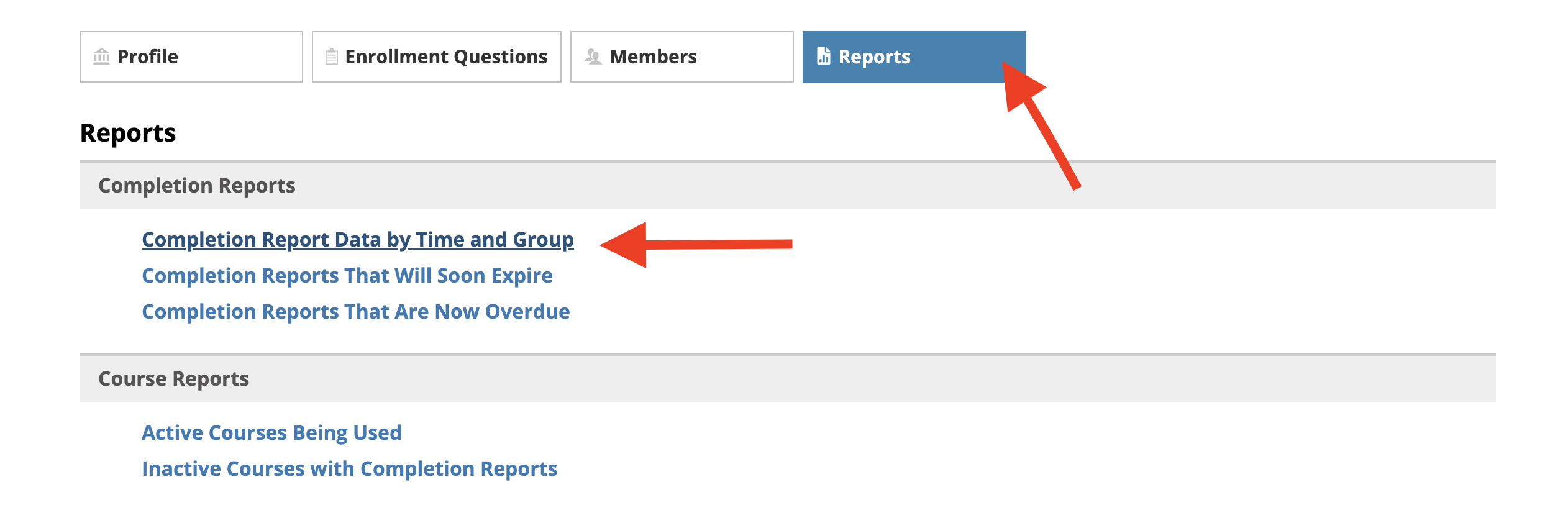 Reports tab with the Completion Report Data by Time and Group report link highlighted.