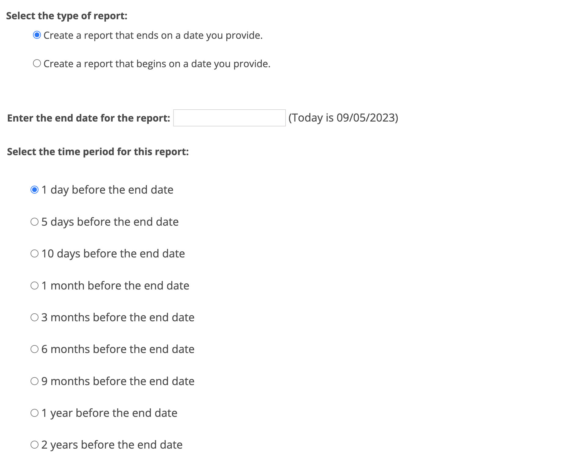 Report settings page showing options to select a report date range and reporting period.