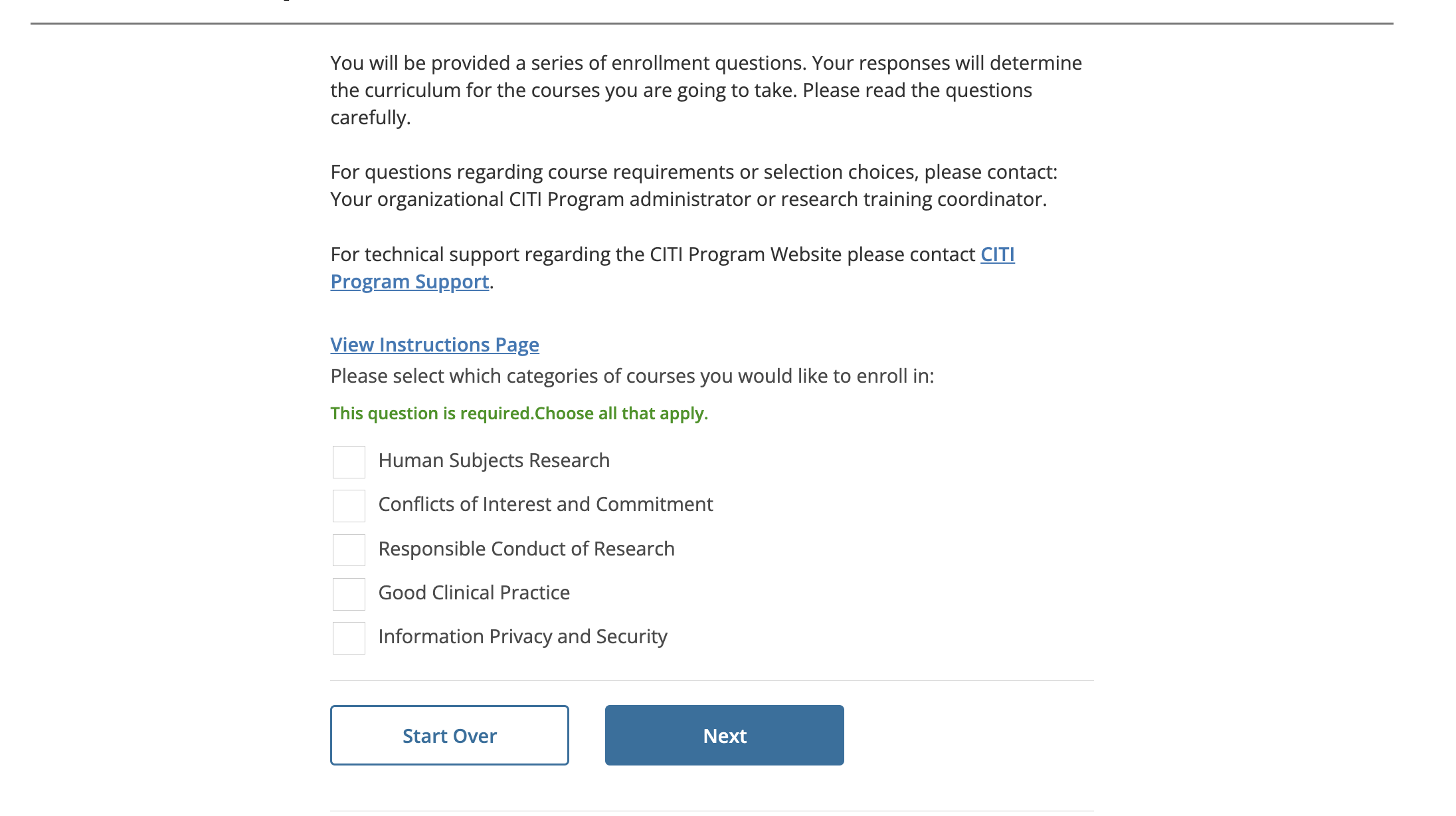 Enrollment question page showing course category options for learner selection.