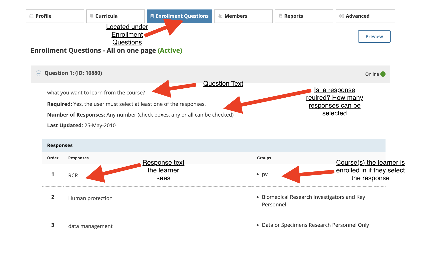Enrollment question setup page showing question details, response options, and linked course groups.