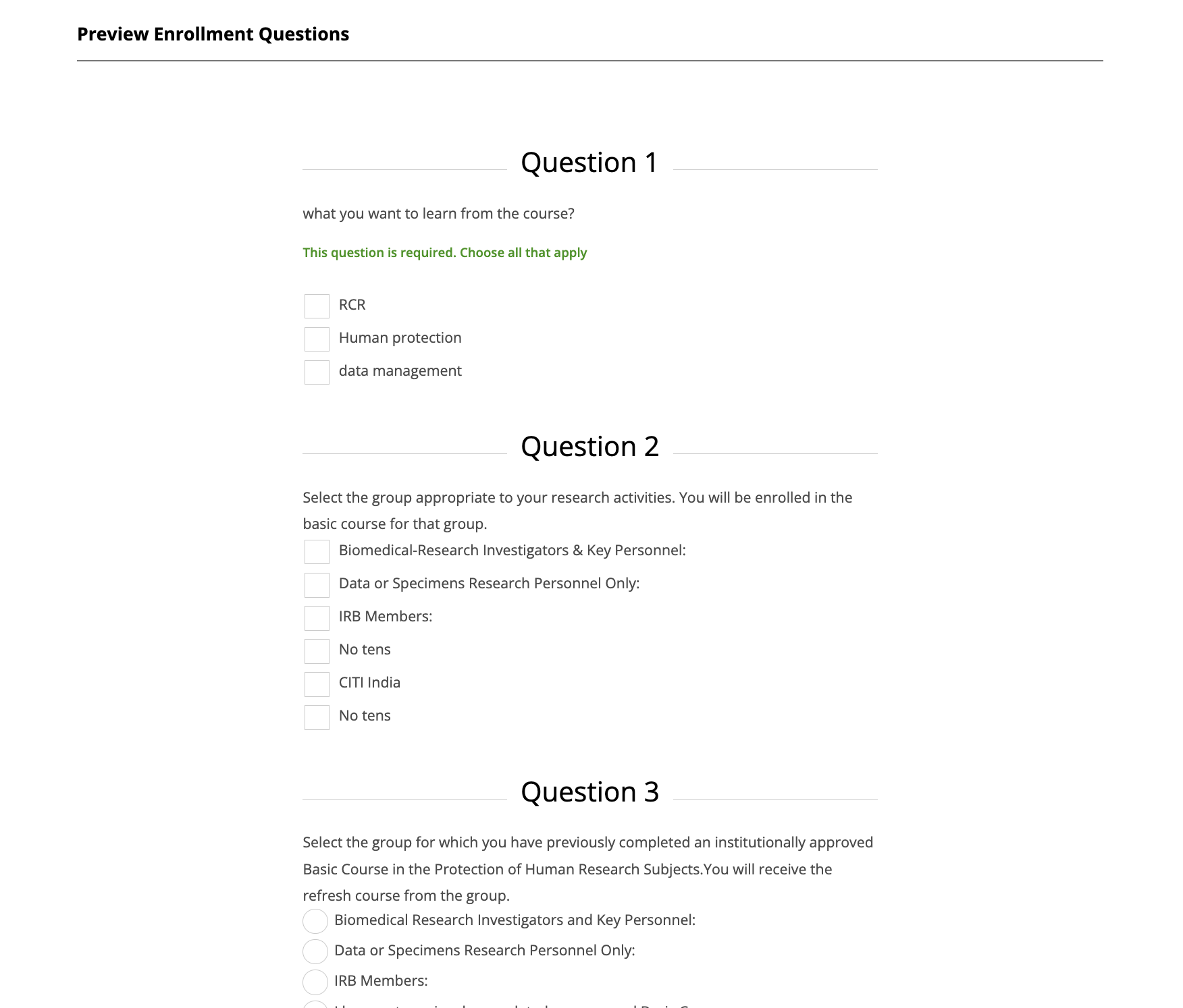 Preview of enrollment questions displayed on a single page with multiple question sections and selectable response options.