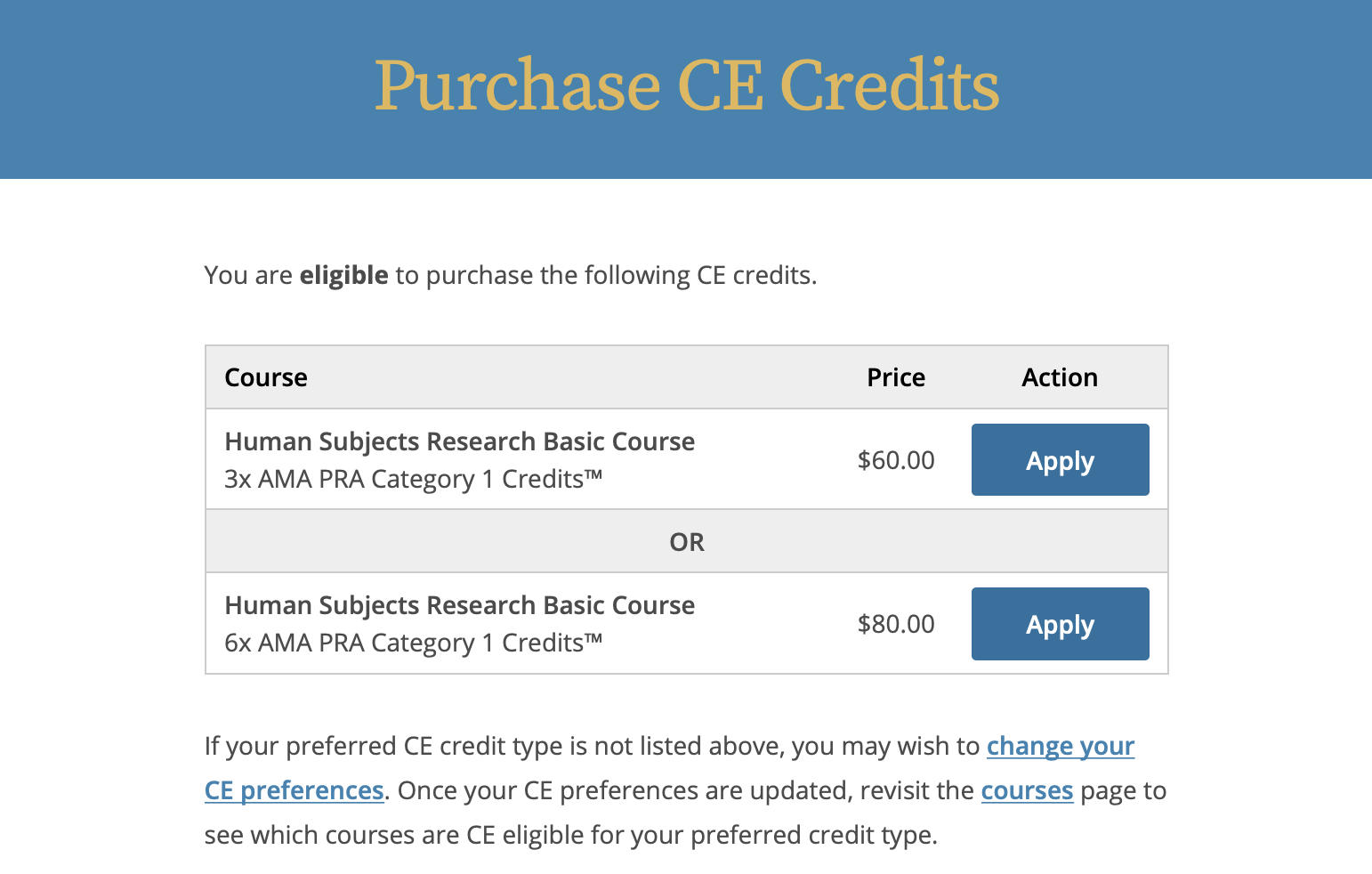 Apply Now link located in CE Credits Eligibility and Purchase section at bottom of course page