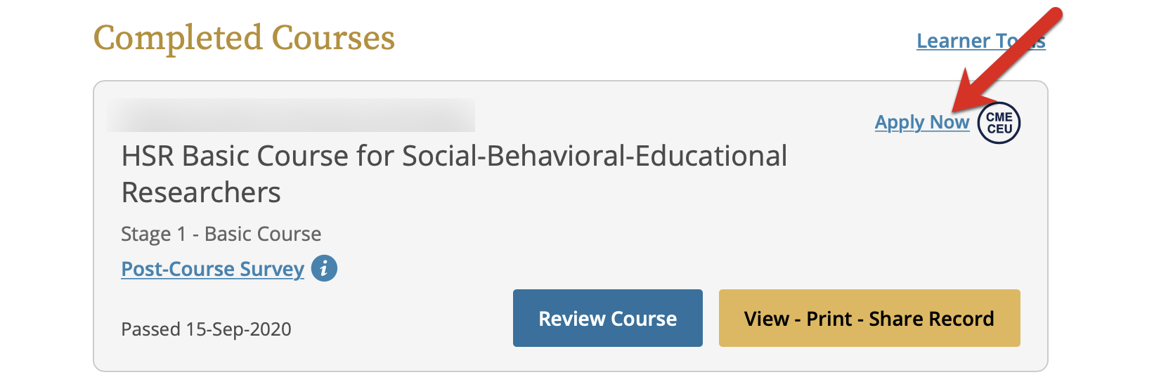 Apply Now link located in the course list next to CE badge
