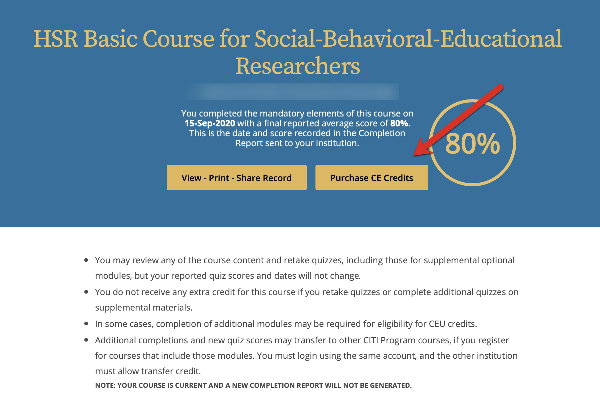 Purchase CE credits link displayed after selecting Review Course option