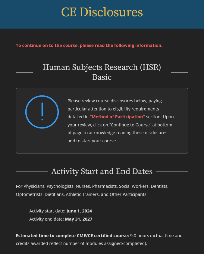 CE disclosure page showing requirements for MDs pursuing HSR certification